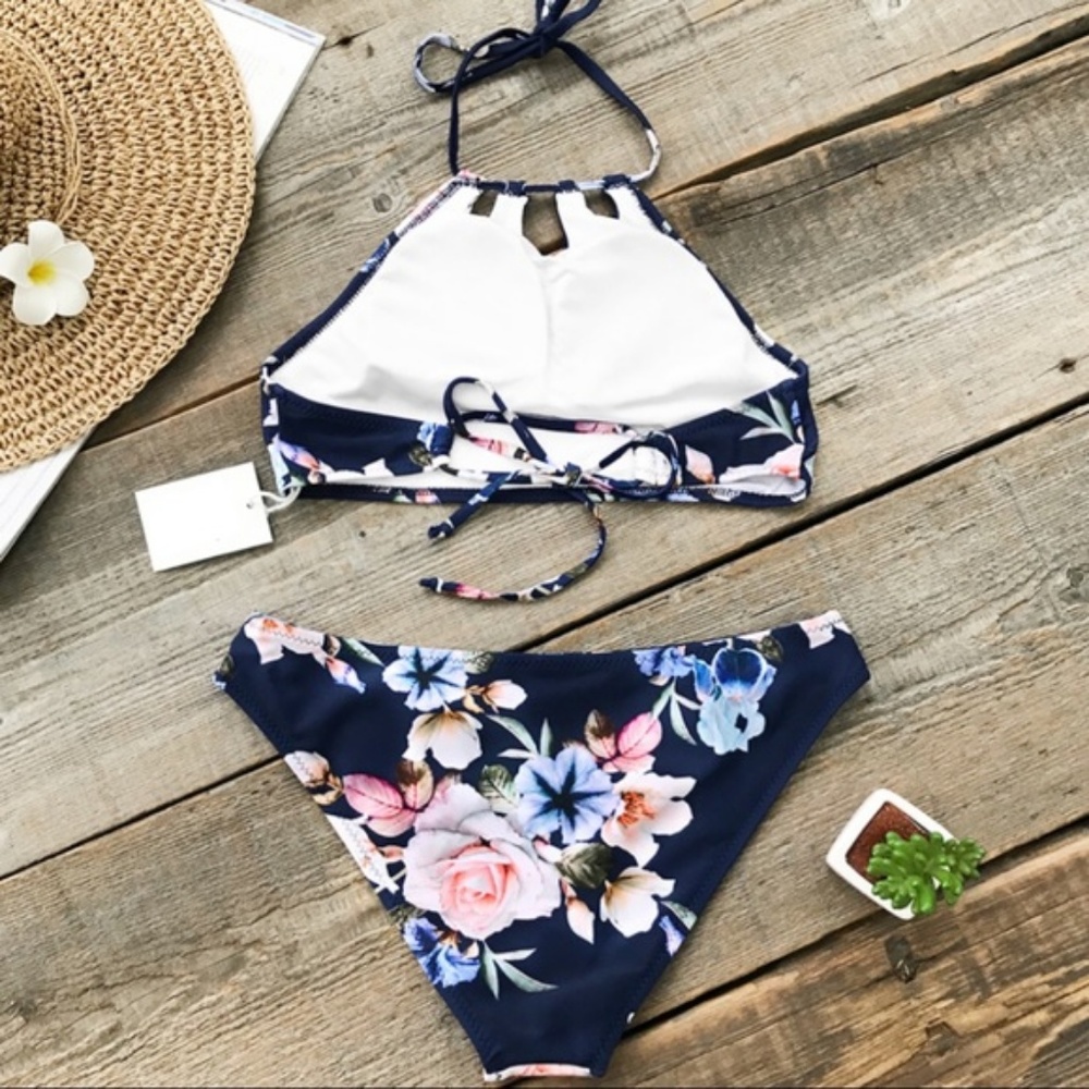 {October Love} 1 Sz XL Left! Navy High Neck FloralBikini - Picture 4 of 8